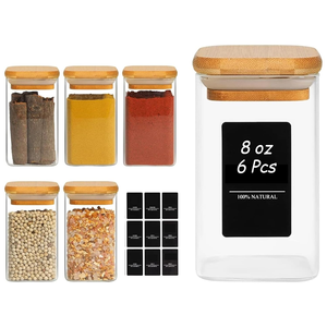 8oz Black Square Glass Spice Jars Bamboo Airtight Lids White Labels for Kitchen Pantry Food Storage <b>Container</b> - Product Image 1