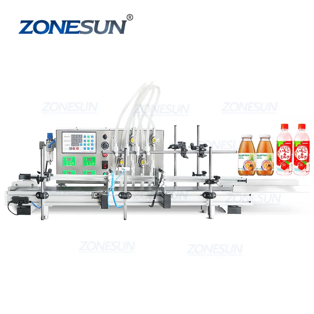 ZONESUN 4 memeleri manyetik pompa otomatik masaüstü CNC sıvı su doldurma konveyör ile 110V-220V parfüm dolum makinesi