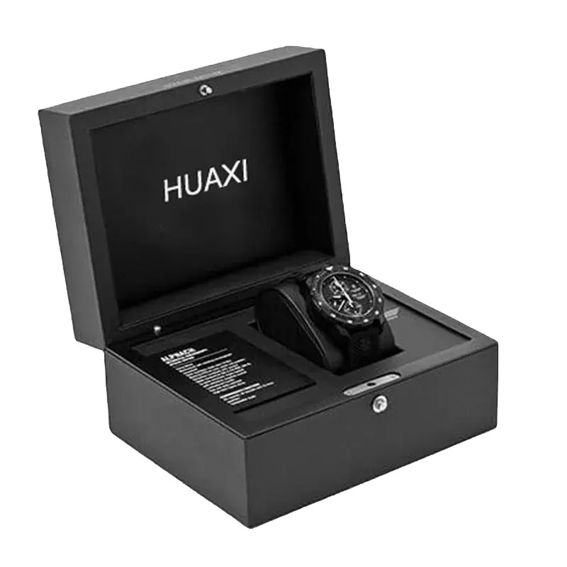 Oem di alta qualità di lusso personalizzato in legno nero opaco superficie laccata orologio da polso singolo e scatole per orologi con imballaggio di carte di garanzia