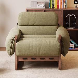 Sillón moderno con marco de madera maciza y cómoda tapicería de tela verde oliva, perfecto para interiores de casas con estilo - Product Image 2