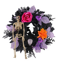 Guirlande de squelette d'Halloween, feuilles noires artificielles, roses colorées, citrouille, toile d'araignée, ornement pour porte d'entrée, décoration murale effrayante