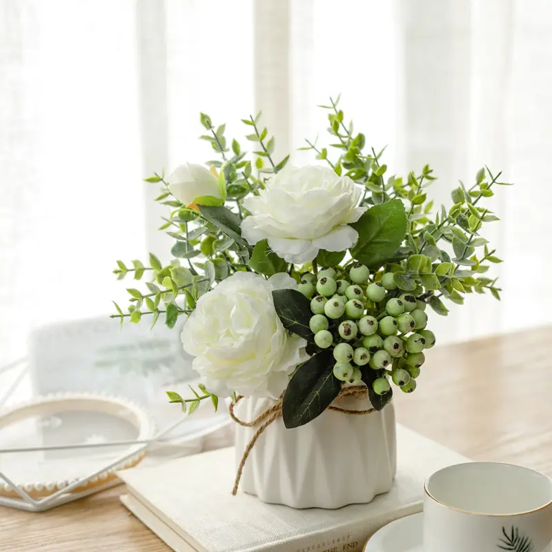 Artificial Flowers with Small Ceramic Vase Eucalyptus Berry Spring Floral Arrangements for Home Wedding Table Centerpieces