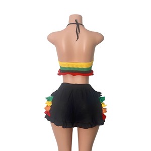 Viviblook Z0130ST04 Ensemble tricoté sexy pour femme, haut tricoté contrasté à bretelles et short à volants, ensemble deux pièces - Product Image 6