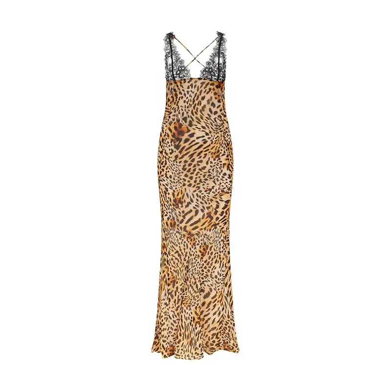 Hottie See-through Backless Casual Dresses Lace Splicing Printing Leopard Mesh Sexy Outside Slip Dress For Girl