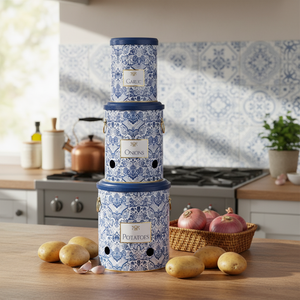 Ensemble de 3 bacs à légumes en métal Kontensan pour pommes de terre, oignons et ail, motif décoratif bleu et blanc inspiré des azulejos - Product Image 3