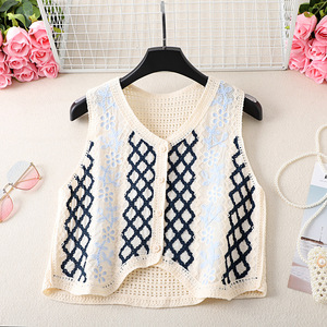 Women Floral Embroidered <strong>Black</strong> Trim <strong>Crochet</strong> Knit Button Down Sleeveless Vest Boho Vintage Openwork Casual Layering <strong>Cardigan</strong> - Product Image 4