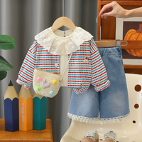 Ensemble de vêtements pour bébés filles, 3 pièces, tenue décontractée, cardigan rayé, chemisier en dentelle, short en jean à volants, ensemble de vêtements pour enfants