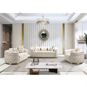 Divano Chesterfield di Lusso Europeo con Gambe <span class=keywords><strong>Oro</strong></span> Rosa, Rivestimento in Velluto <span class=keywords><strong>Bianco</strong></span> con Bottoni Trapuntati, Set per Soggiorno, Arredamento per la Casa - Product Image 1
