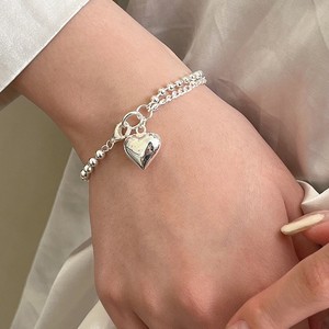 S925 Sterling Silver Double Layer <b>Beaded</b> Heart <b>Bracelet</b> For Women Korean Style Everyday Wear Jewelry - Product Image 1