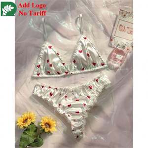 Conjunto de sujetador y bragas de satén para adultos con logotipo personalizado, conjunto de lencería sexy con estampado de corazón bonito para mujer, ropa interior de tentación para niñas - Product Image 6