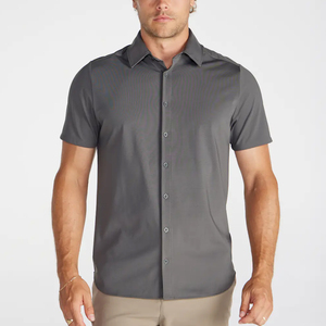 Camisas con botones de manga corta lisas informales de trabajo de estilo Formal de peso medio con logotipo bordado de alta calidad personalizado negro para hombre - Product Image 6