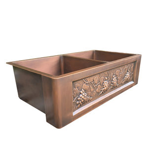 Évier de <span class=keywords><strong>cuisine</strong></span> de luxe <span class=keywords><strong>90</strong></span> <span class=keywords><strong>cm</strong></span> en cuivre finition antique, fait main, couleur café clair, double bac, installation à encastrer, deux compartiments - Product Image 5