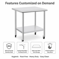 Table de travail commerciale en acier inoxydable avec rebord arrondi, étagère inférieure solide et roulettes pour cuisine de restaurant (vente en gros)