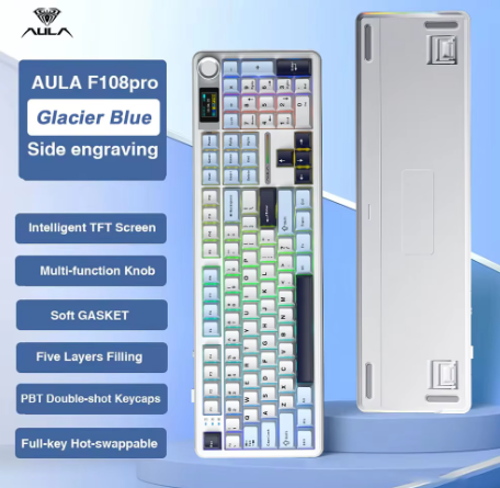 AULA F108PRO TFT Smart Color Screen Mechanical Keyboard 108 Keys Multifunction Knob Trimode Wireless 8000mAh Battery Gasket RGB