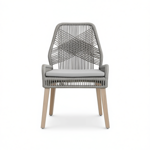 Chaise de salle à manger à dossier tissé, revêtement en tissu gris, pieds en bois, design contemporain, mobilier moderne pour la maison - Product Image 1