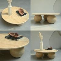 Table basse moderne en travertin naturel Wabi Sabi, disponible en OEM, table à thé ronde en pierre, trois pieds sphériques, mobilier de luxe pour la maison