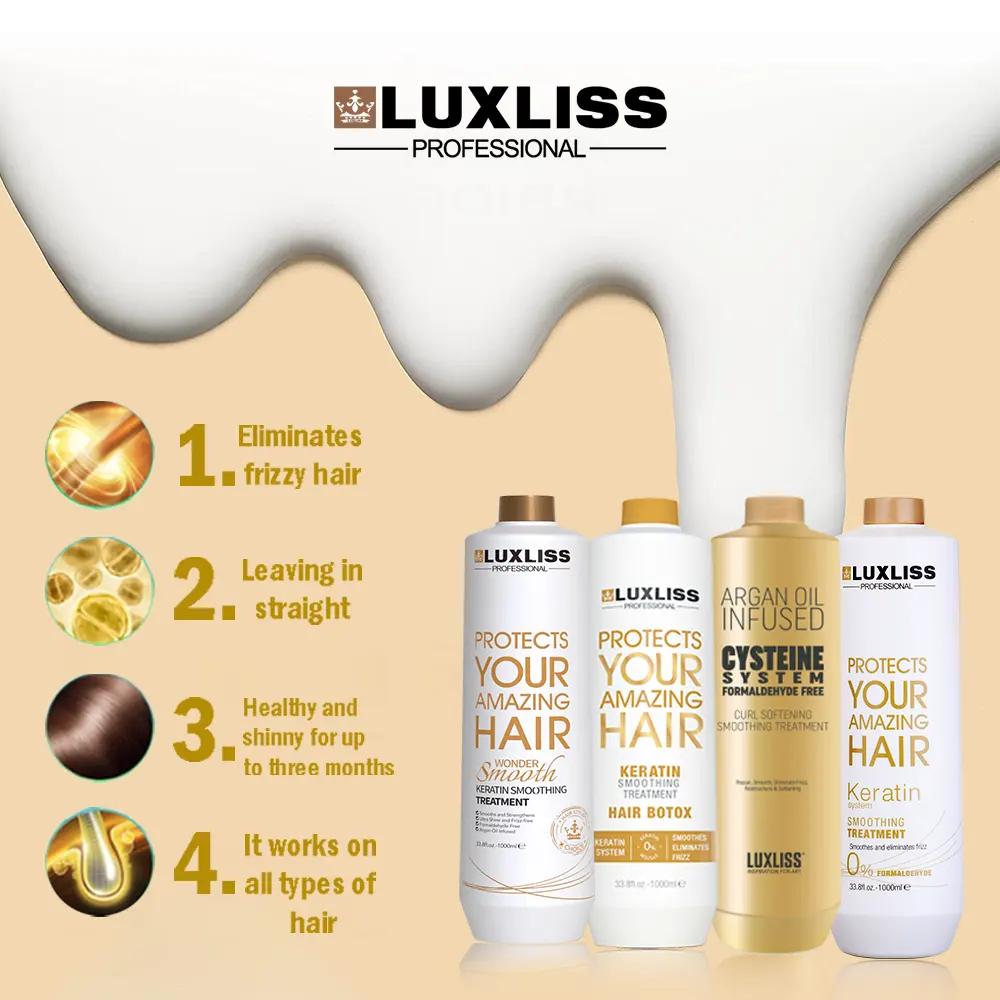 Luxliss fornitura di fabbrica di alta qualità 100ml 1000ml cheratina lisciante liscia per il trattamento lisciante dei capelli di nanoparticelle ricci
