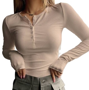 Europe et États-Unis matériau côtelé demi-bouton <span class=keywords><strong>chaud</strong></span> épice sexy mince à l'extérieur pour porter des vêtements pour femmes <span class=keywords><strong>t</strong></span>-<span class=keywords><strong>shirt</strong></span> à manches longues - Product Image 5