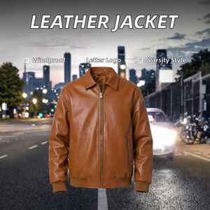 <b>Brown</b> <b>Leather</b> Bomber <b>Jacket</b> <b>Men</b> Zipper Closure Turn-down Collar Casual Autumn Outerwear Regular Fit Solid Color - Product Image 2