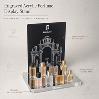 Présentoir à parfum en acrylique gravé avec base miroir et plateau à fentes, organisateur de fragrances pour boutiques et vente en gros
