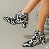Bottines à talon carré à bout pointu pour femme, imprimé zèbre, fermeture éclair latérale, doublure polaire, boucle métallique, pour usage quotidien, collection automne-hiver