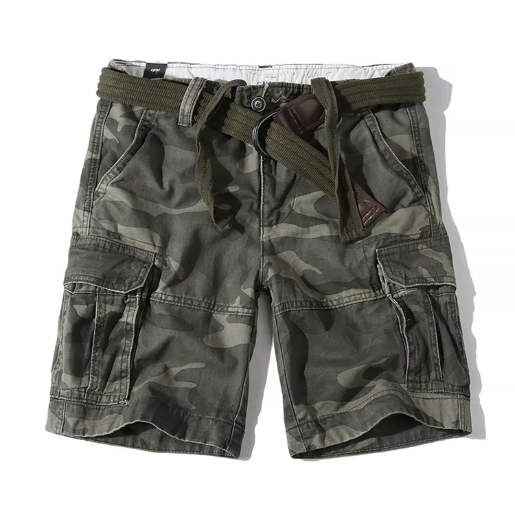 Shorts de carga cáqui camuflado para homens, atacado, verão, plus size, cintura alta, 100% algodão, baggy, multi bolso, casual, exército