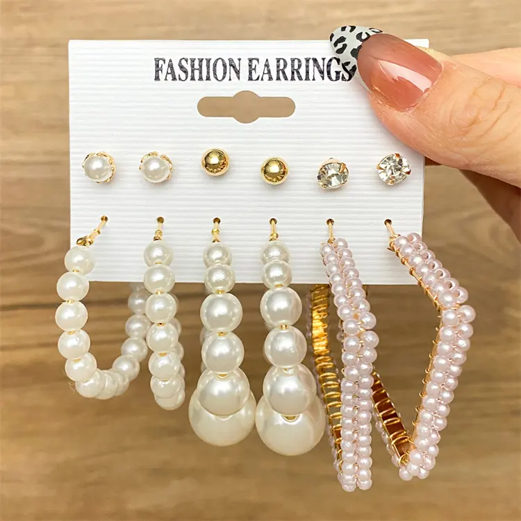 VKME New Factory Trend Gold plated Pearl Dangle Drop Earrings Big Geometric Statement Acrylic Hoop Earrings Set