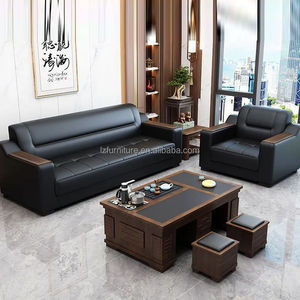Ensemble de canapés de bureau modernes en cuir avec structure en bois et table basse pour zone de réception - Product Image 3