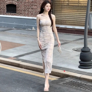 Dark Gray Apricot <b>Spaghetti</b> Strap Bodycon Dress With Slit Mesh <b>Long</b> Skirt For Party Casual Wear - Product Image 2