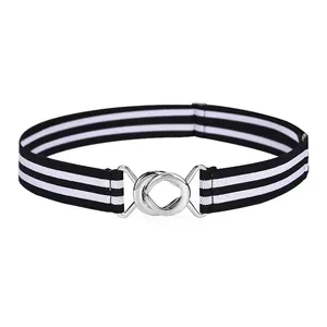 Blue White Stripes Silver Anchor Buckle Elasticated Stretchy Waist Belt