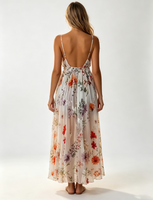 Robe longue fendue en mousseline à imprimé floral numérique, col en V profond, bretelles spaghetti, décontractée, pour l'été, la plage et les vacances, pour femme