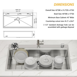 Sarlai wastafel dapur tahan karat, mangkuk tunggal 39/42 inci 304 dengan mangkuk keju 3 lubang buatan tangan Modern - Product Image 6