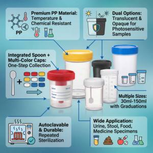 Conteneur <span class=keywords><strong>à</strong></span> échantillons en PP de qualité médicale, 100 ml, gobelet gradué <span class=keywords><strong>pour</strong></span> la collecte d'urine et de selles, stérile, jetable, pot de test d'échantillons de laboratoire - Product Image 3