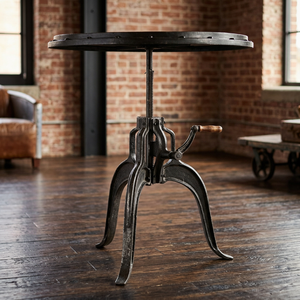 Industrial & Vintage Cast Iron Foldable Height Adjustable <b>Wooden</b> Round <b>Top</b> Crank Restaurant & Hotel Dining <b>Table</b> - Product Image 2