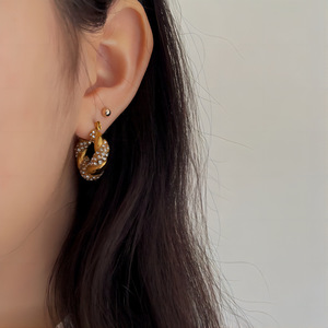 Pendientes de diamantes de oro de 18 quilates, acero inoxidable, geométricos, retorcidos, redondos, con corte brillante, para uso diario, para mujer, TE6477 - Product Image 2