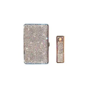 Wholesale luxury custom metal rhinestone cigarette holder USB lighter case tobacco box with crystal diamond