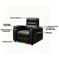 Canapé inclinable électrique de haute qualité pour home cinéma moderne, en cuir véritable, avec structure métallique, inclinaison électrique, USB-C, éclairage LED RGB et rangement