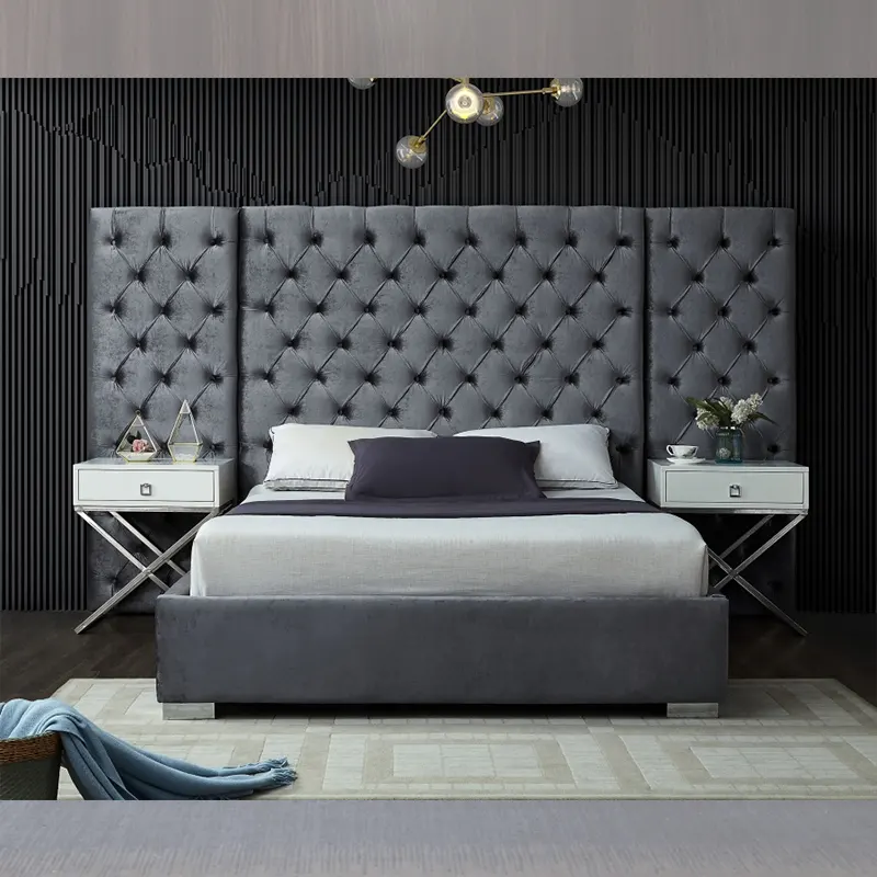 Новая модель, фабричная цена, мебель для спальни, двойной размер, бархатная ткань, регулируемый каркас кровати размера «Queen-Size», изголовье кровати