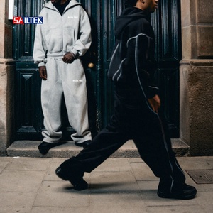 Stitched Piping Two Piece <strong>Tracksuits</strong> Set Custom Heavyweight Fleece Hoodie Streetwear Zip Up Hoodie And Baggy Track Pants Men - Product Image 3