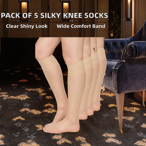 Confezione da 5 <span class=keywords><strong>Calze</strong></span> Sottili al Ginocchio in Nylon Trasparente 15 <span class=keywords><strong>DEN</strong></span>, Lucide e Setose, con Ampia Fascia Elastica Comoda, da Donna, Tinta Unita, per Primavera e Uso Quotidiano - Product Image 2