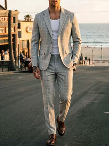 Nuovo Arrivo: Completo da Uomo per Affari, Grigio Chiaro a Quadretti, Risvolto Classico, Due Bottoni, Tasche con Patta, Pantaloni a Vita Piatta - Product Image 5