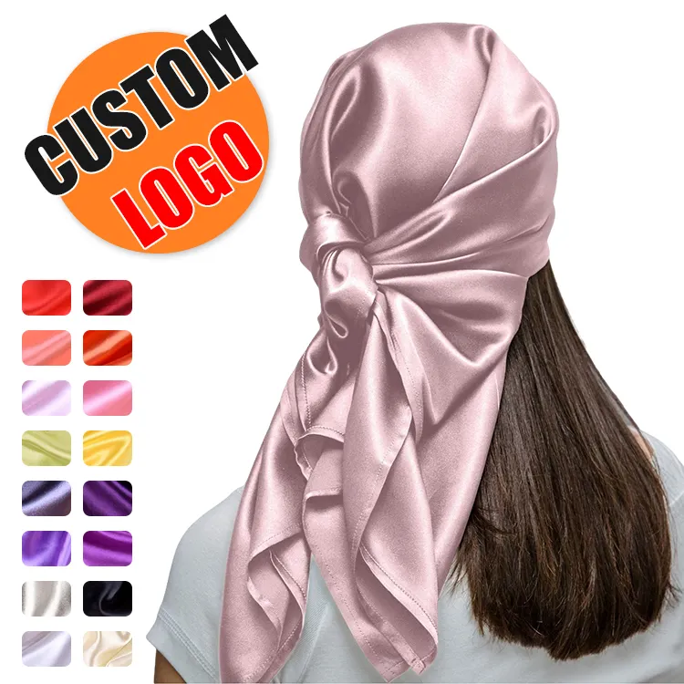 Custom In Bulk Bedrukt Haar Wrap 90Cm * 90Cm Effen Kleuren Zwart Gekleurde Satijnen Sjaal Zijden Sjaal