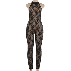 Women Sheer Lace Halter Neck Jumpsuit Bodycon One Piece Full Length Clubwear Outfit Halter Neck Lace <strong>Mesh</strong> <strong>Catsuit</strong> for Women - Product Image 5