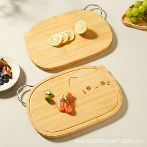 Tabla de cortar de madera de bambú rectangular con asa para frutas, aperitivos y comida para bebés, diseño de dibujos animados. - Product Image 3