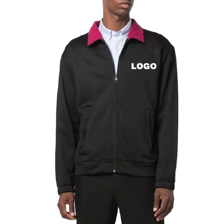 Oem impressão de logotipo do zíper da frente do pescoço alto preto personalizado no peito mangas compridas jaqueta leve para homens