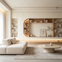 Meuble de bureau et bibliothèque en chêne blanc crème sur mesure OEM avec banquette LED pour projet de villa ou résidence chaleureuse et confortable