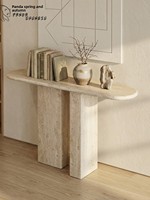 Table console en travertin naturel personnalisable, faite à la main, forme organique, table console en pierre beige pour hôtel