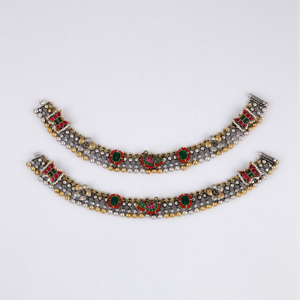 <b>Silver</b> Oxidized Indian Cultural <b>Anklets</b> with Gold Highlights & Multicolored Gem Accents Classic Fine Jewelry Sets - Product Image 2