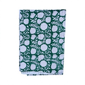 Handmade <b>Indian</b> Floral Printed Kantha <b>Quilt</b> Organic Cotton Traditional Home Decor All Season Green White Pattern - Product Image 1