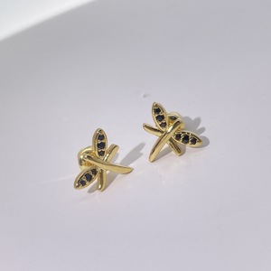 Tianyu Gems Classic and Stylish Black Round Dragonfly-Shaped Brass-Plated Gold <b>Stud</b> <b>Earrings</b> with Zircon for Women - Product Image 5